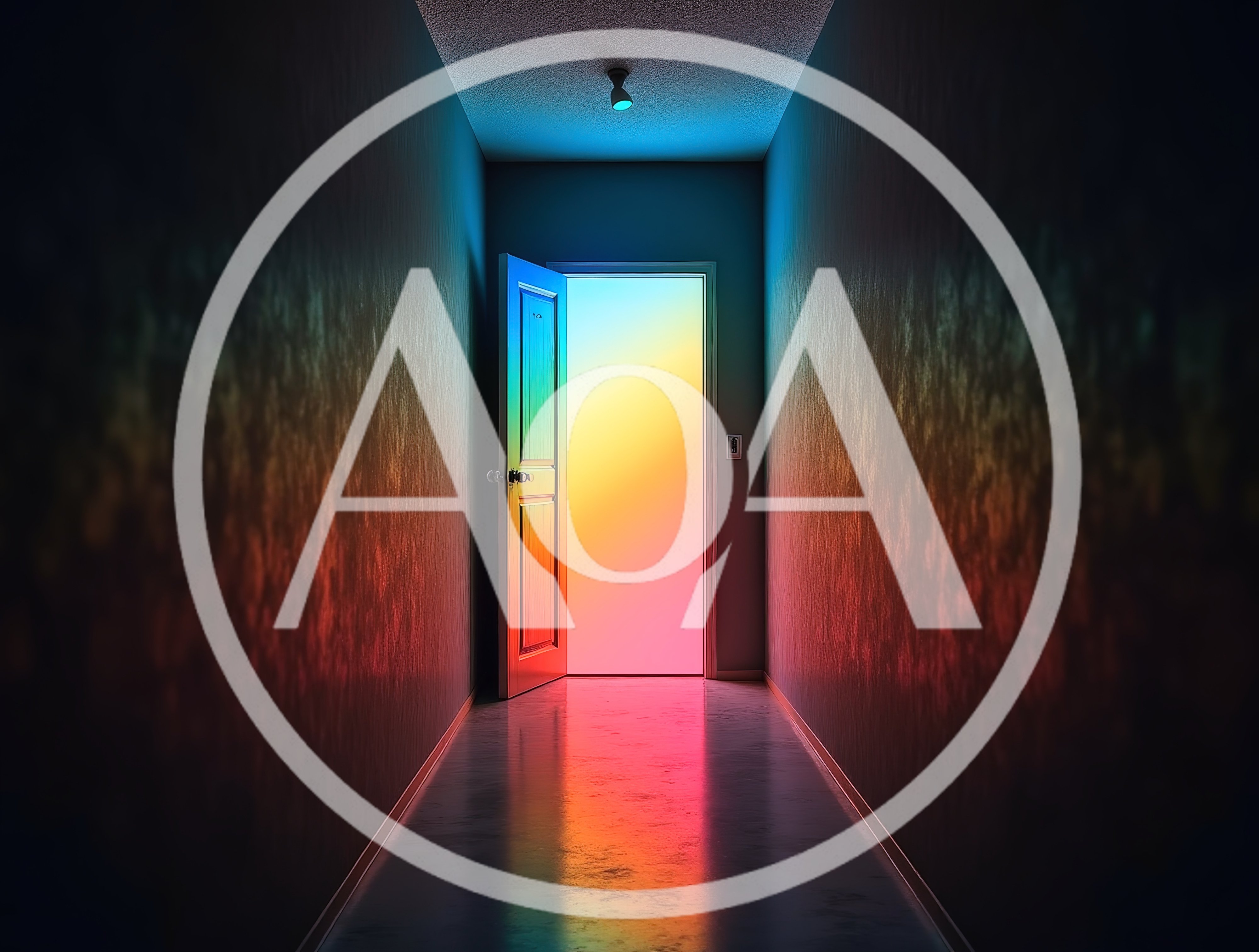 Open Doorway With Vibrant Rainbow Light In Dark Hallway