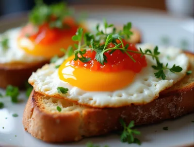 Fried Eggs With Salmon Roe On Toasted Bread