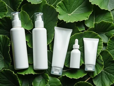 Blank Cosmetic Bottles On Green Tropical Leaves
