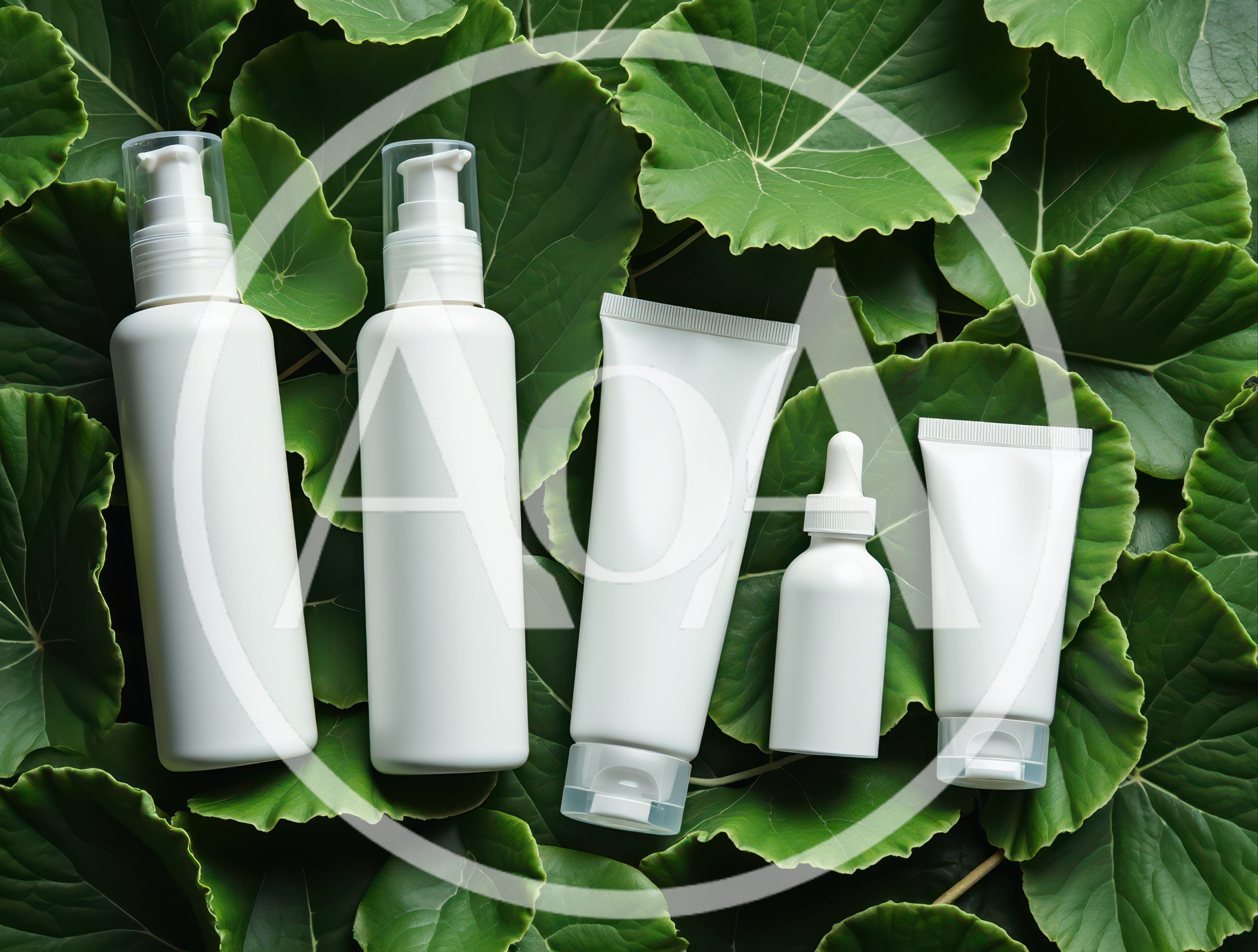 Blank Cosmetic Bottles On Green Tropical Leaves