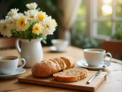 Breakfast Table Setting With Bread And Coffee