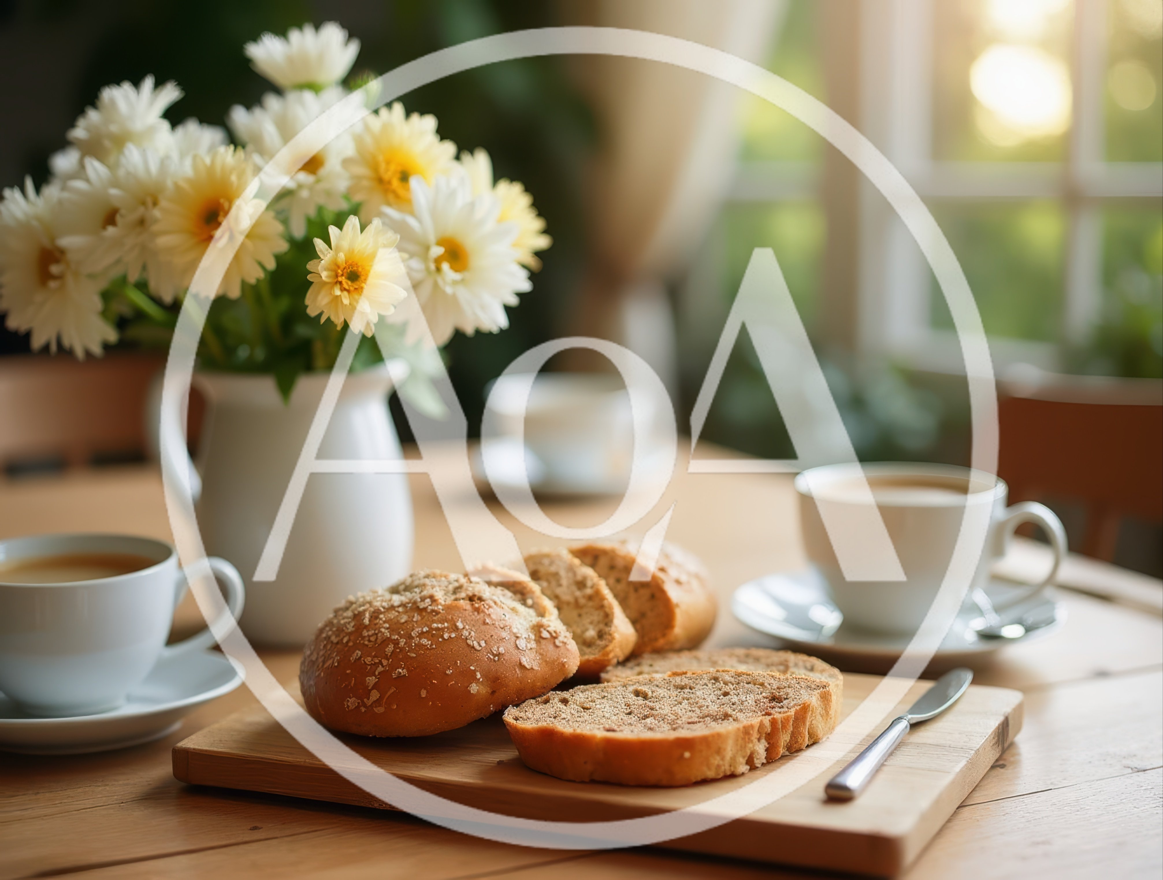 Breakfast Table Setting With Bread And Coffee