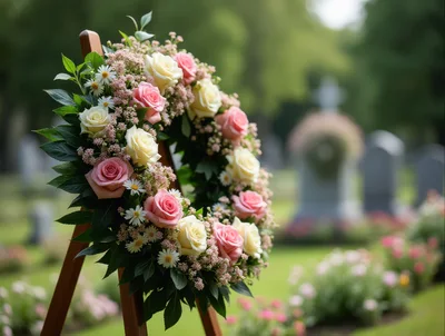 Funeral Flower Wreath on Wooden Easel in Cemetery