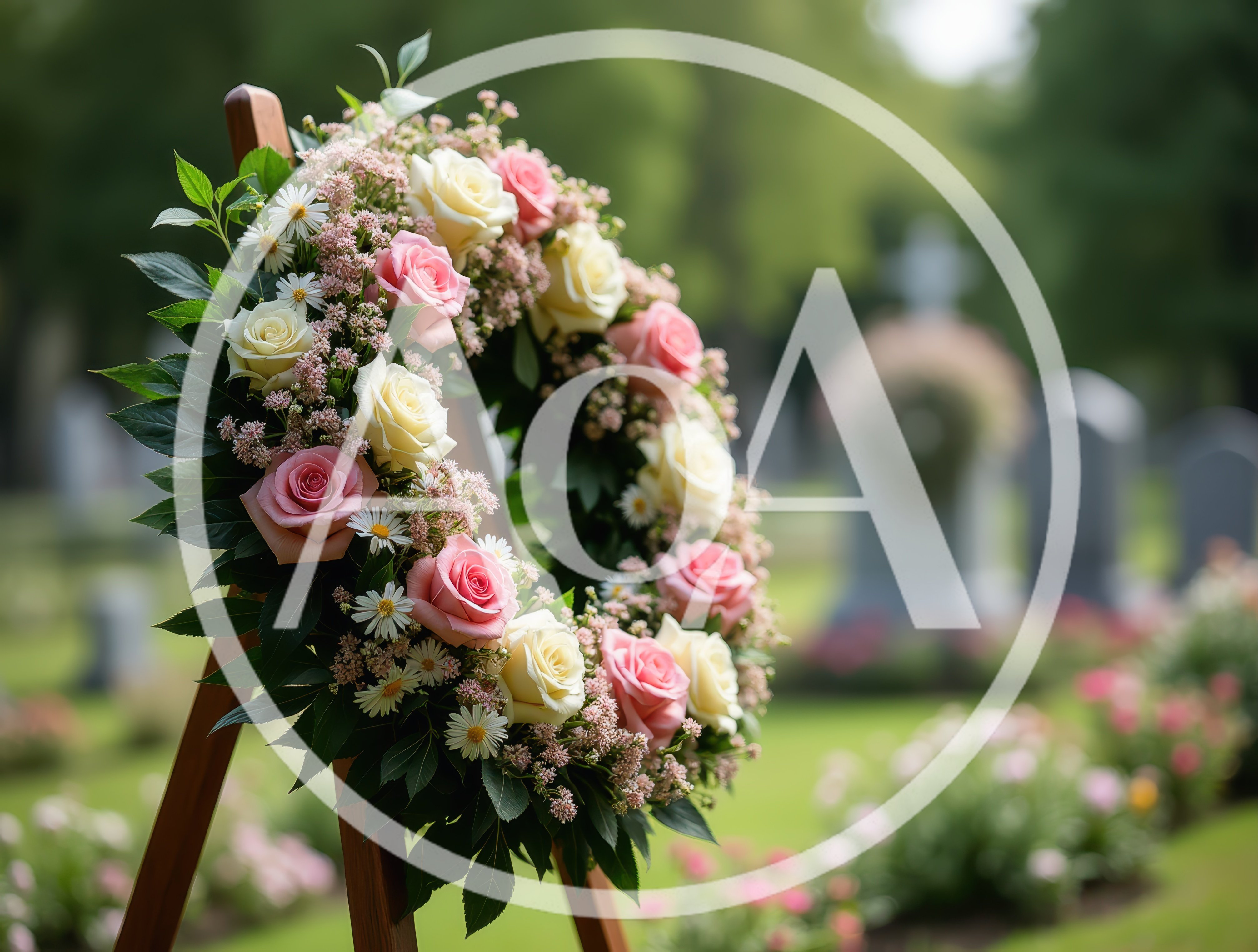 Funeral Flower Wreath on Wooden Easel in Cemetery