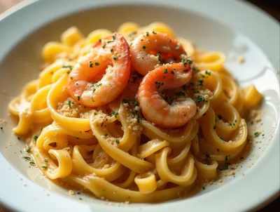 Gourmet Shrimp Pasta Dish In A White Bowl