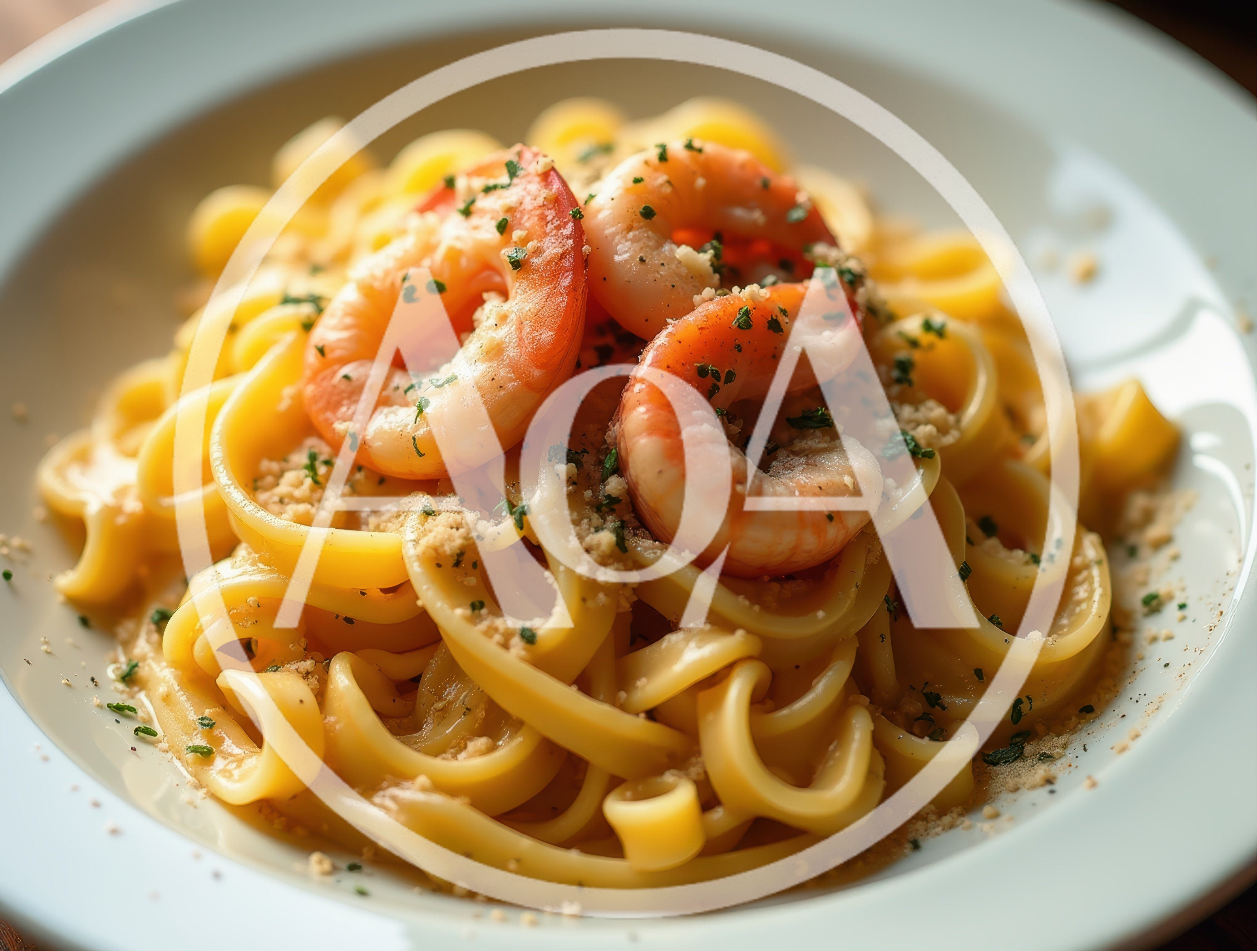 Gourmet Shrimp Pasta Dish In A White Bowl