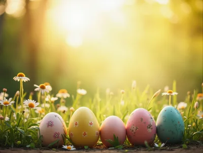 Five Decorative Easter Eggs In A Sunny Meadow