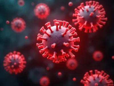3D Rendered Coronavirus Particles Floating In Dark Space