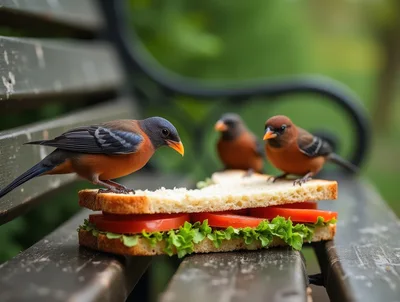 Three Small Birds Eating A Sandwich On A Park Bench