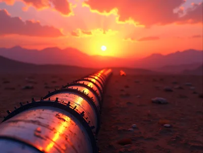 Industrial Pipeline Stretching Across Desert Landscape At Sunset