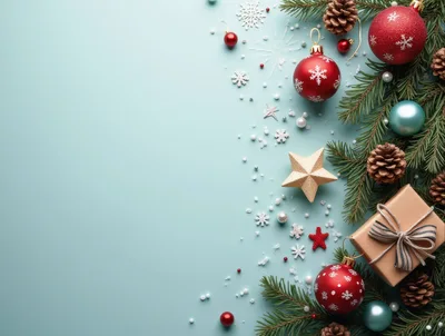 Christmas Decorations With Gift Box On Light Blue Background