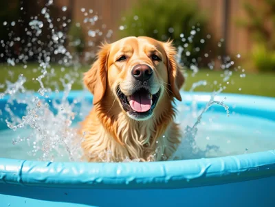 Golden Retriever Playing In A Blue Kiddie Pool