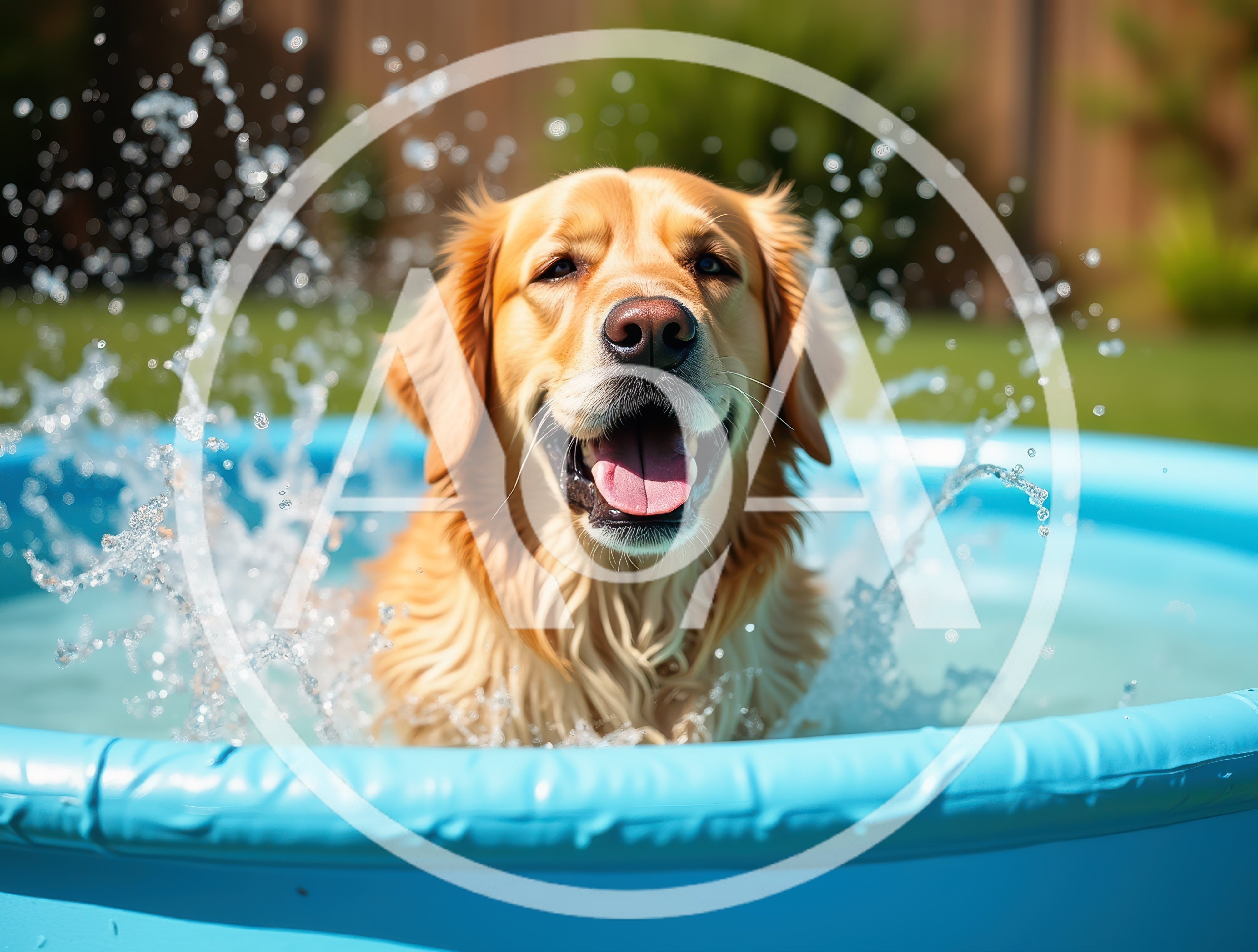 Golden Retriever Playing In A Blue Kiddie Pool
