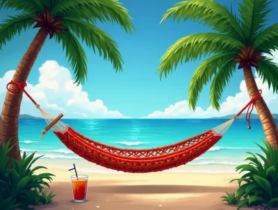 Red Hammock Between Two Palm Trees On Tropical Beach