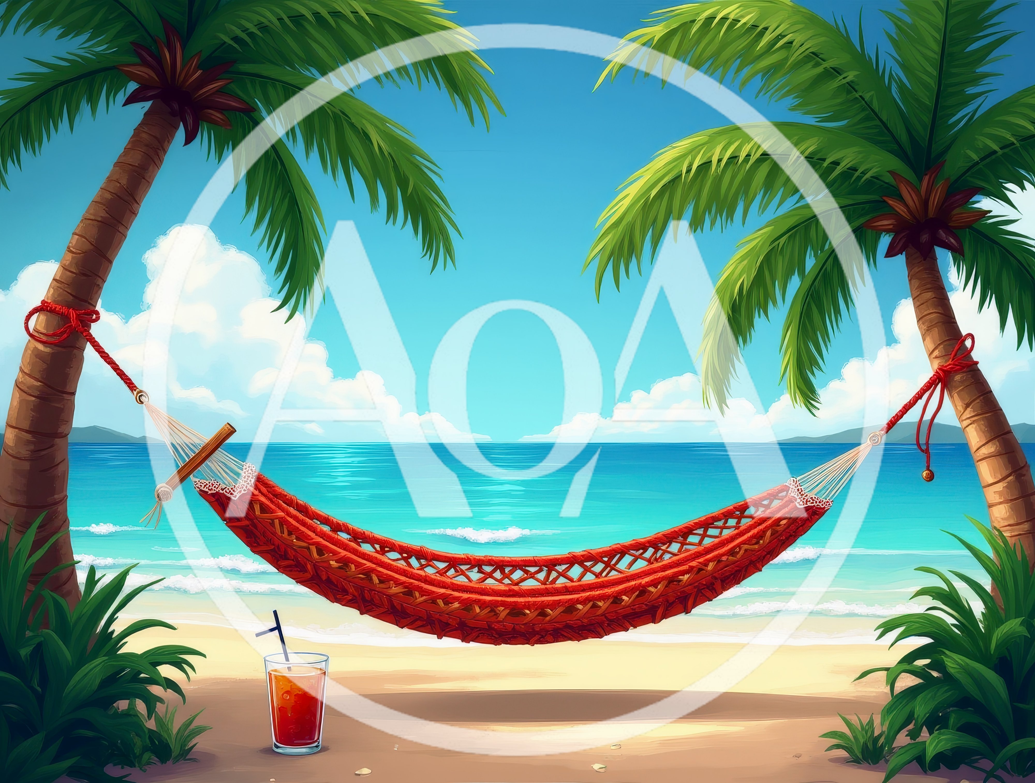 Red Hammock Between Two Palm Trees On Tropical Beach