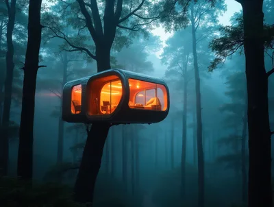 Modern Futuristic Treehouse Cabin In Misty Forest