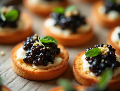 Gourmet Caviar Appetizers on Toasted Bread Rounds