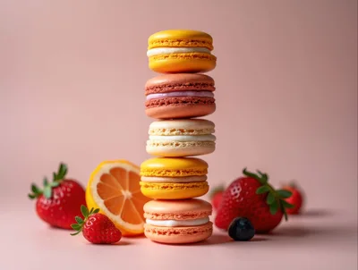 Stack of Colorful Macarons with Fresh Fruit