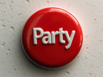 Red Party Button With White Text On Textured Surface