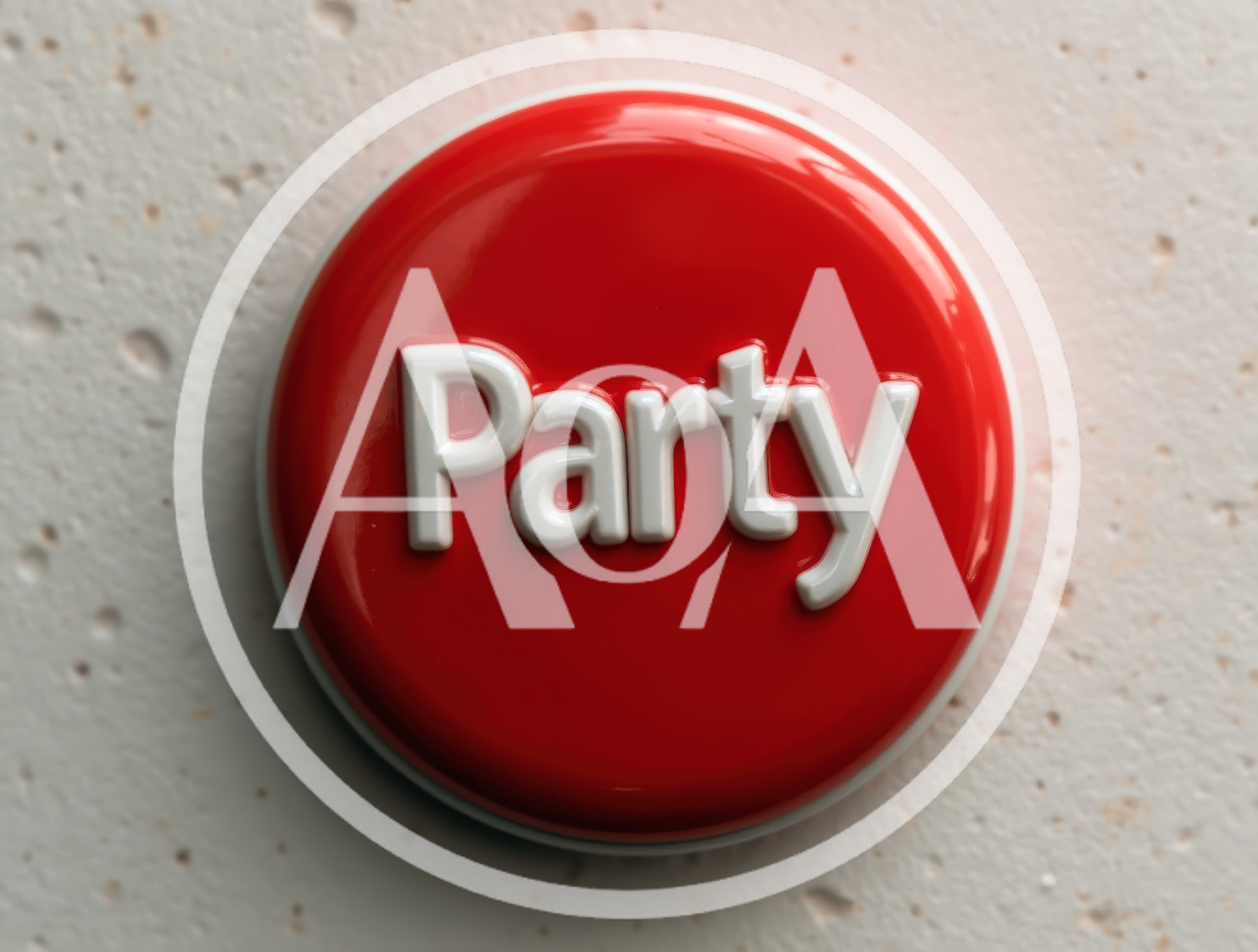 Red Party Button With White Text On Textured Surface