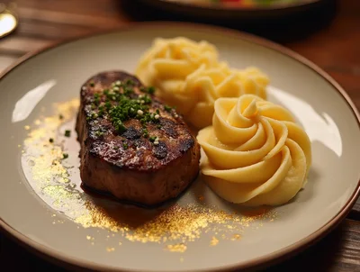 Grilled Beef Steak With Mashed Potatoes On Plate