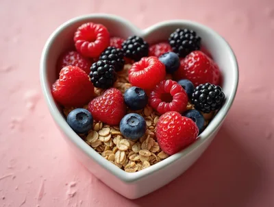 Heart Shaped Bowl Filled With Fresh Berries And Granola