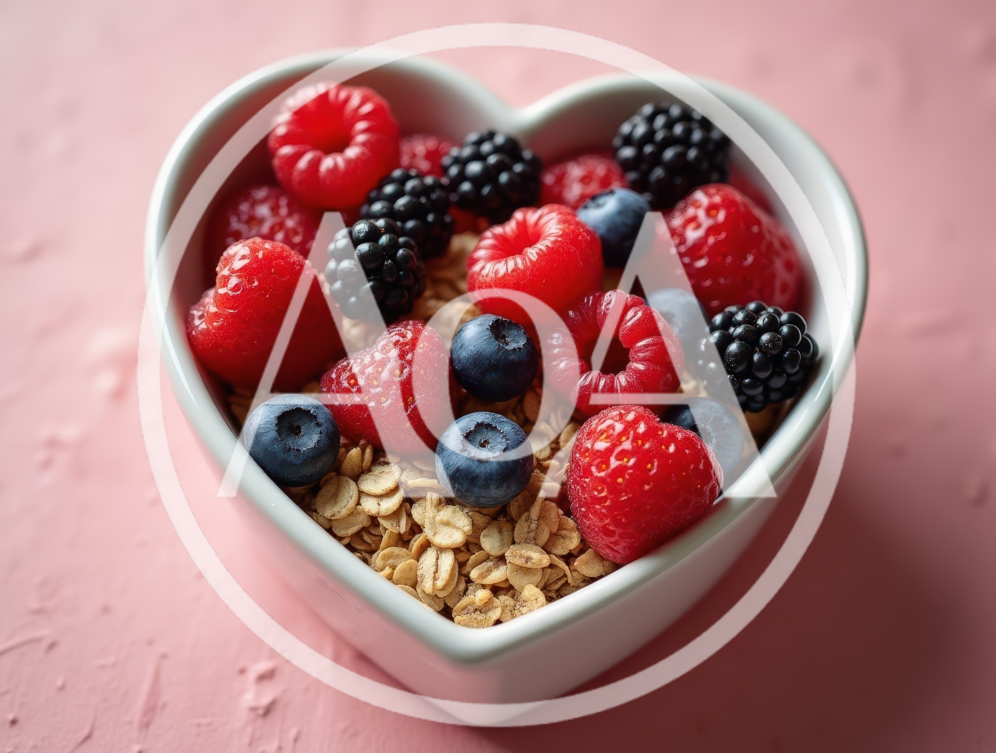Heart Shaped Bowl Filled With Fresh Berries And Granola