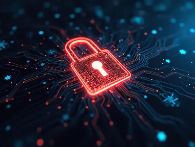 Glowing Red Digital Padlock On Circuit Board