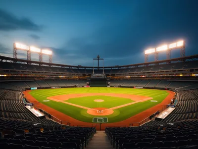 Empty Baseball Stadium Under Evening Stadium Lights