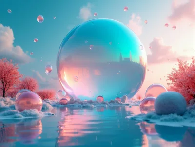 Surreal Landscape With Floating Bubbles And Pink Trees