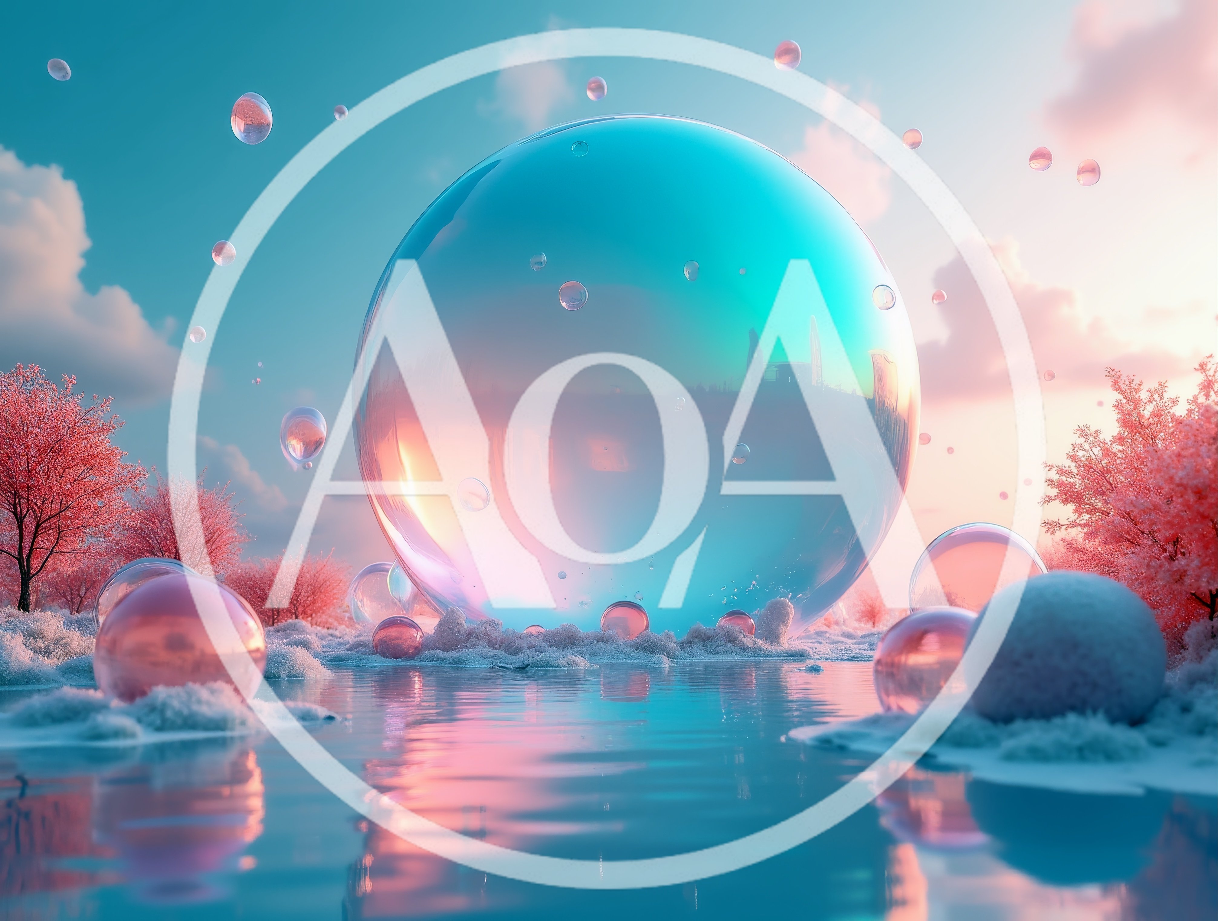 Surreal Landscape With Floating Bubbles And Pink Trees