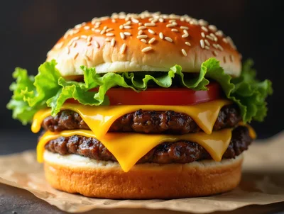 Double Cheeseburger With Lettuce And Tomato On Parchment