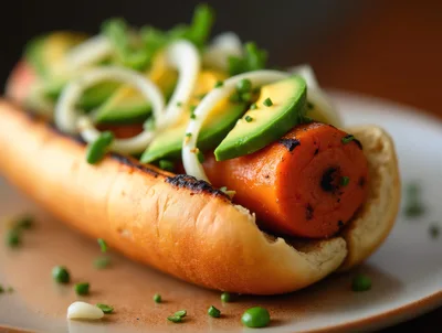 Gourmet Carrot Hot Dog With Avocado And Onions