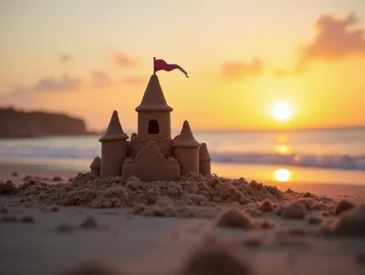 Sandcastle With Red Flag On Tropical Beach At Sunset