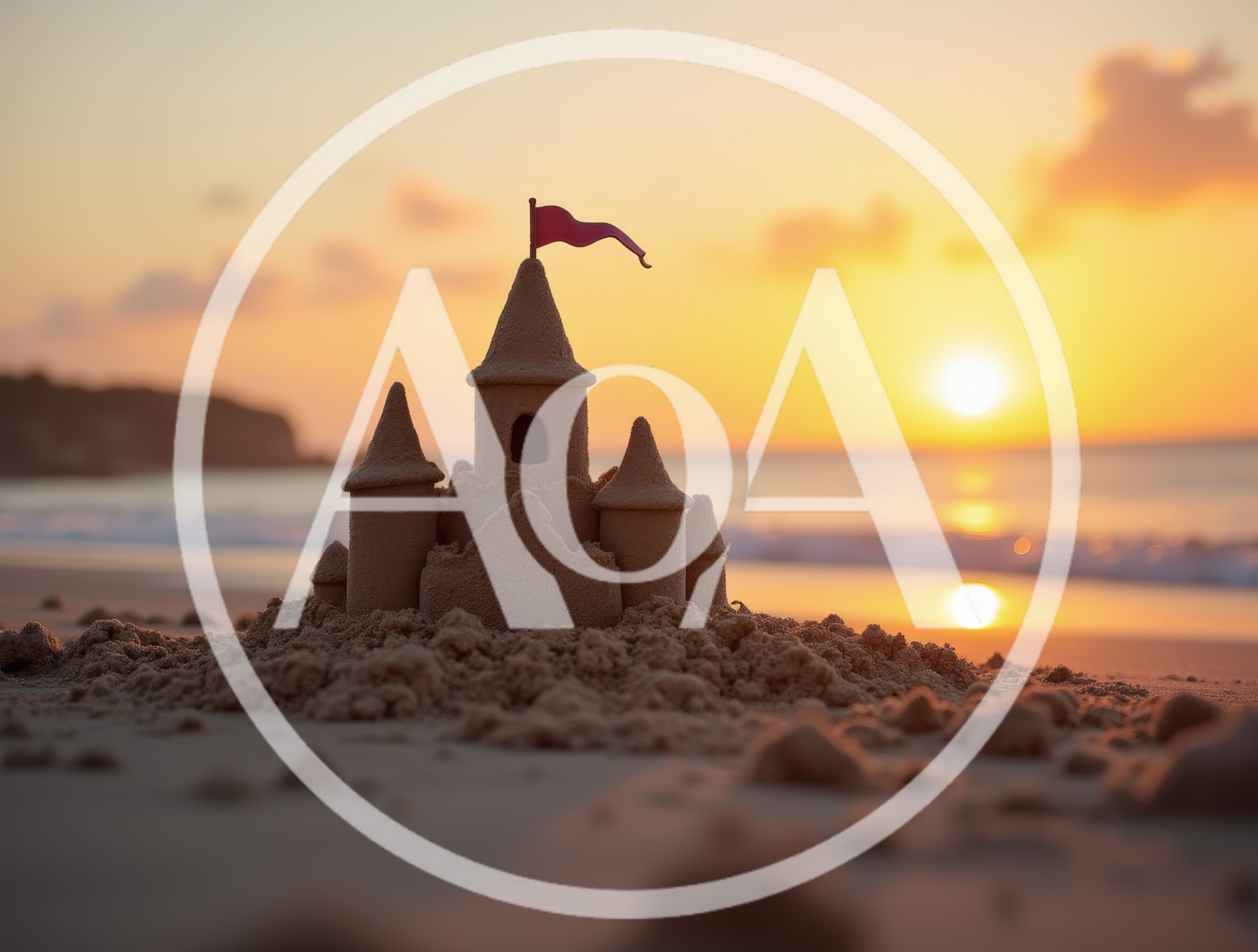 Sandcastle With Red Flag On Tropical Beach At Sunset