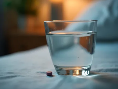 Glass Of Water And A Single Pill On Bed