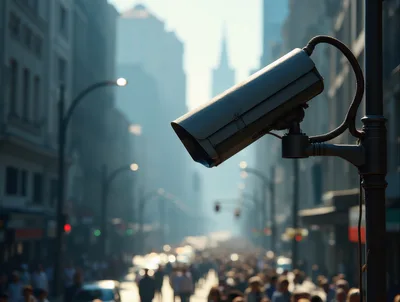 Security Surveillance Camera Overlooking A Busy City Street