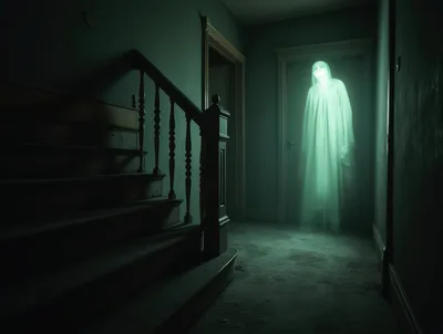 Glowing Ghostly Figure Standing In A Dark Hallway