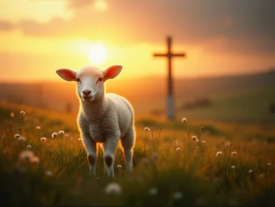 Lamb Standing In A Grassy Field At Sunset