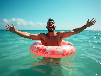 Happy Man Floating In Ocean With Pink Inner Tube