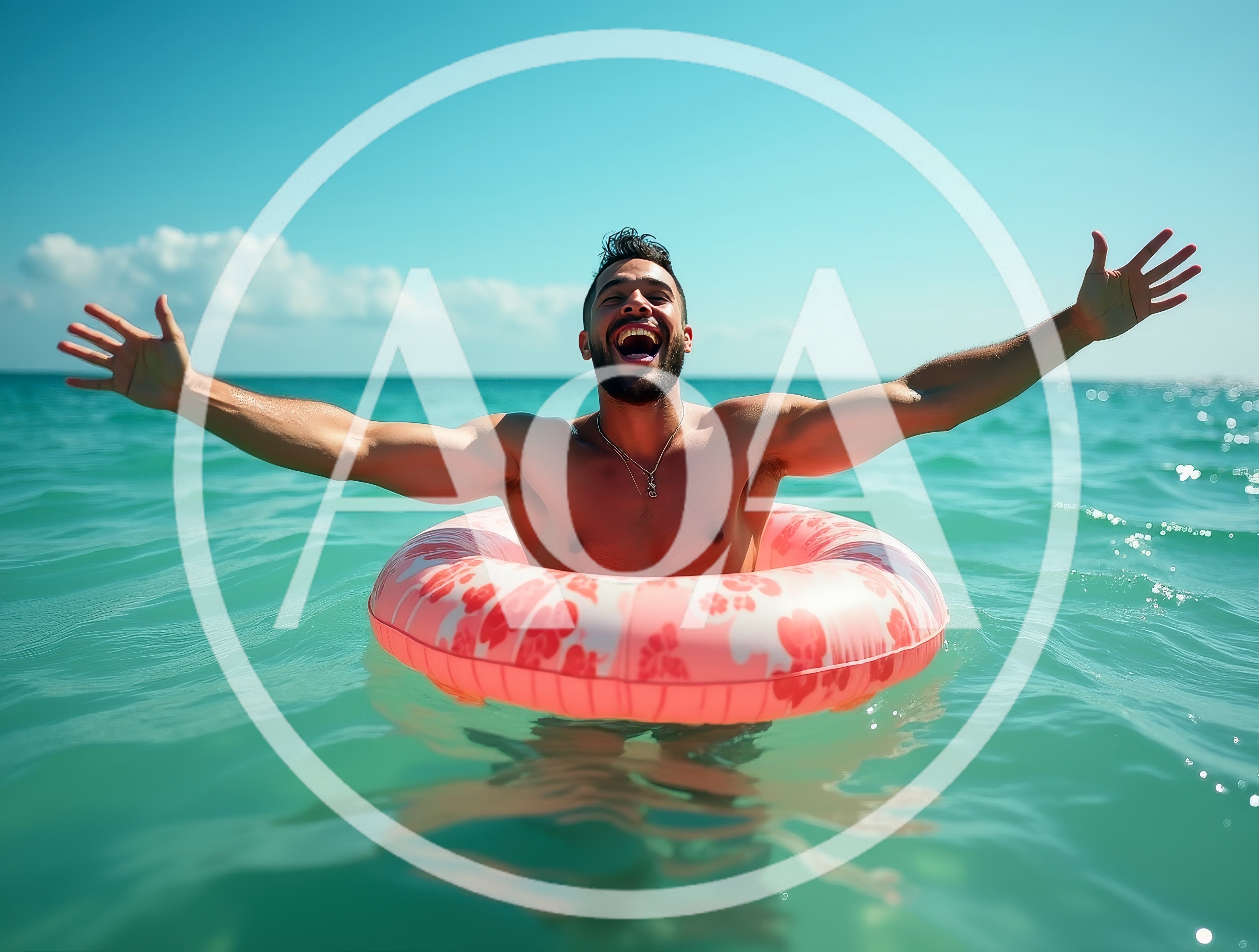 Happy Man Floating In Ocean With Pink Inner Tube