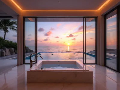 Luxury Bathroom With Infinity Pool View At Sunset