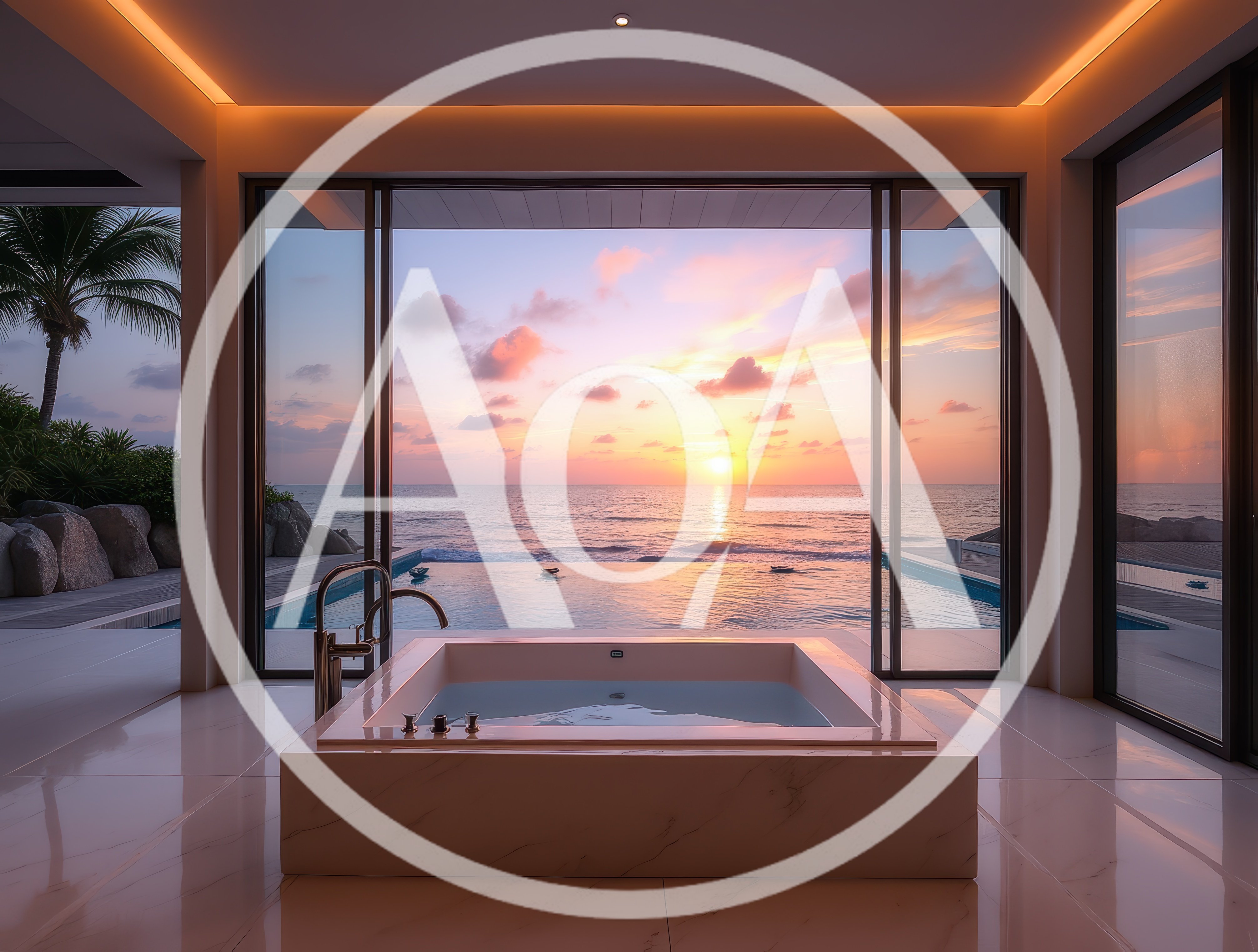 Luxury Bathroom With Infinity Pool View At Sunset