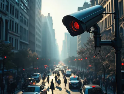 Security Surveillance Camera Monitoring Busy City Street
