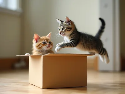 Two Playful Kittens Interacting With A Cardboard Box