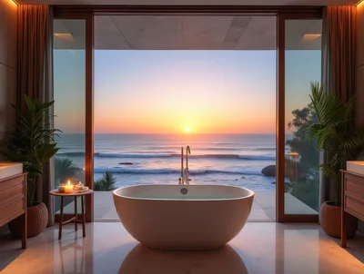 Luxury Bathroom With Ocean View At Sunset
