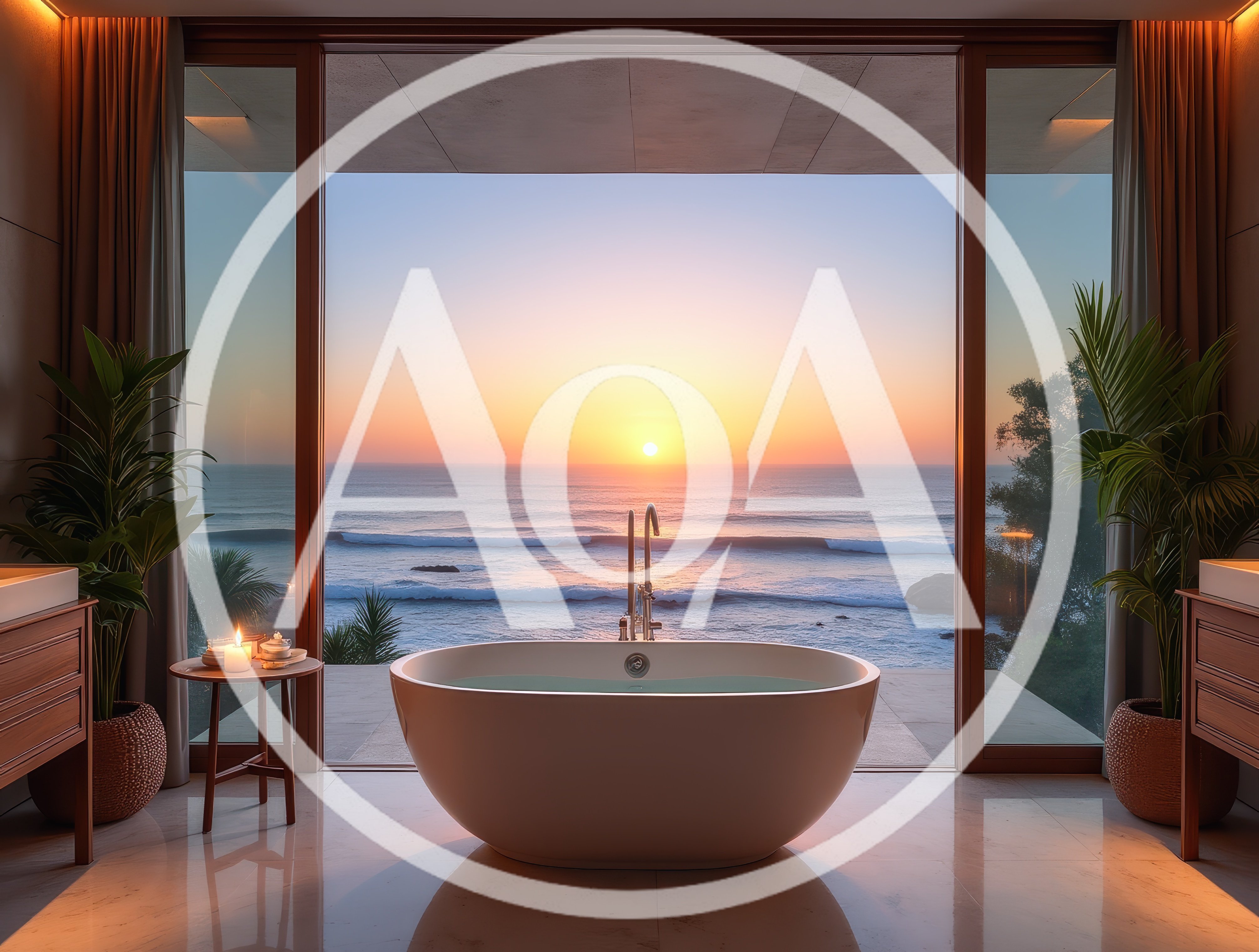 Luxury Bathroom With Ocean View At Sunset
