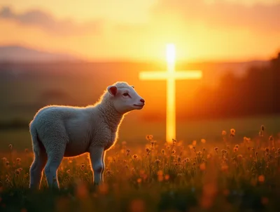 Lamb Standing In A Meadow At Sunset With Cross