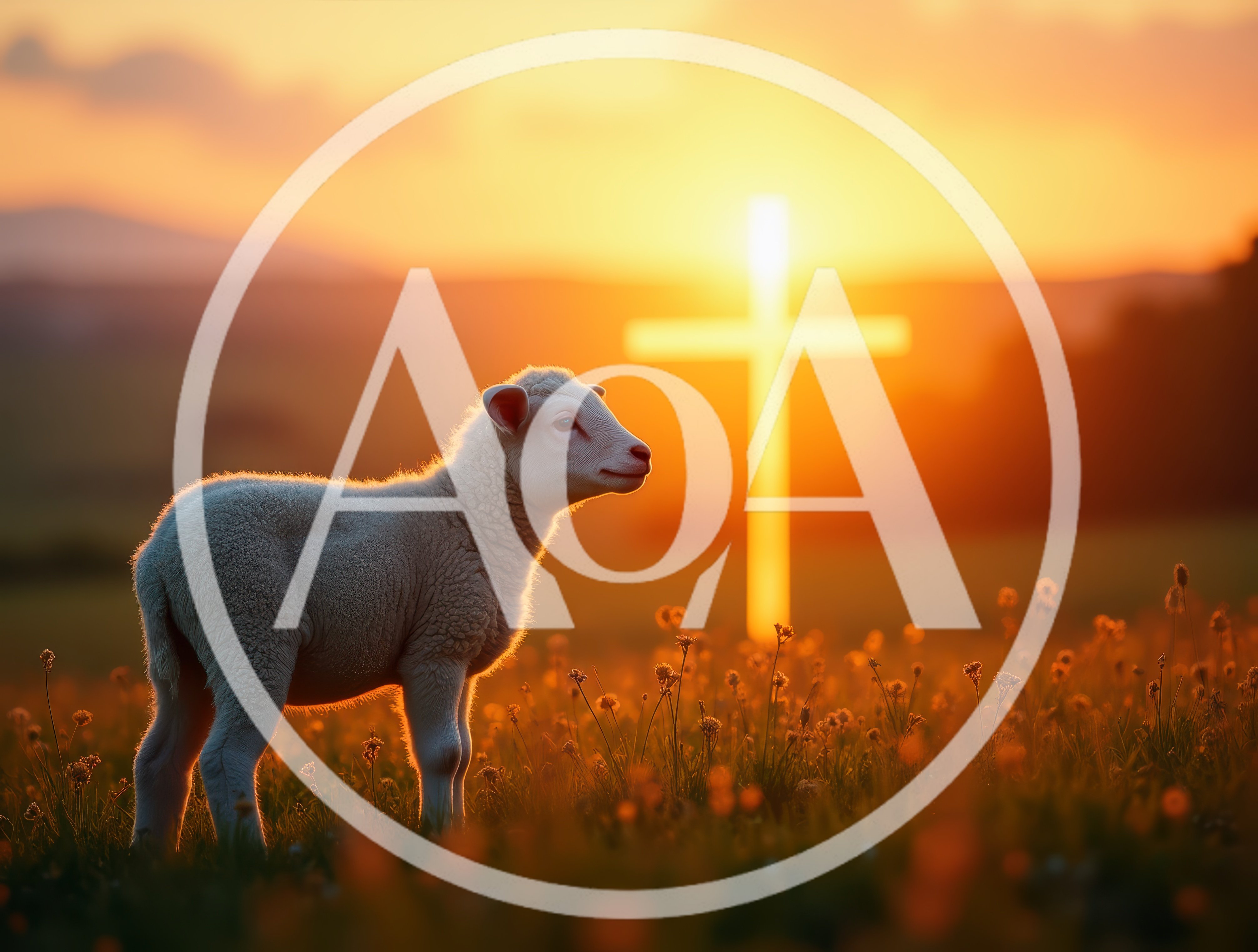 Lamb Standing In A Meadow At Sunset With Cross