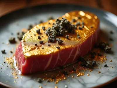 Raw Steak Topped With Gold Leaf And Caviar
